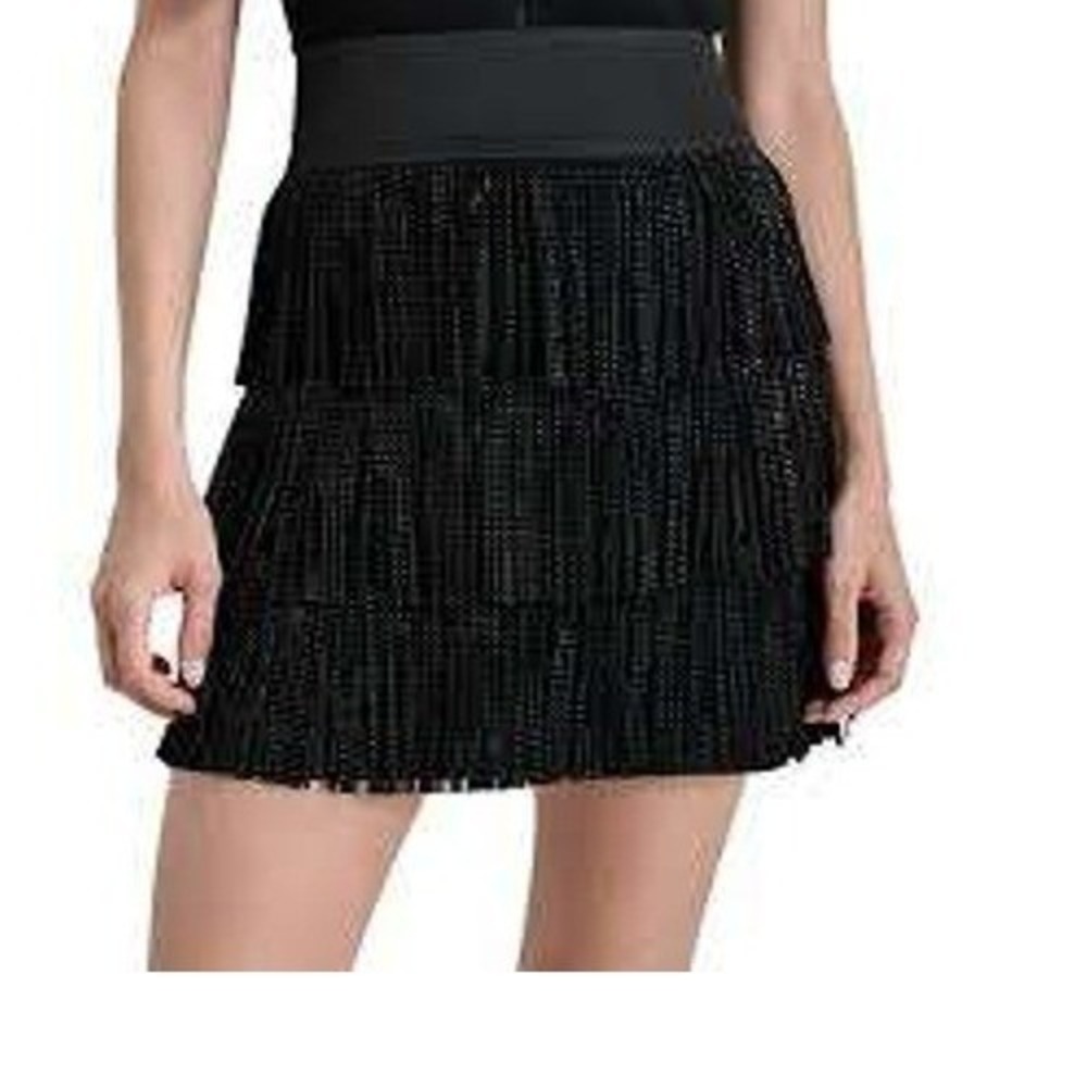 DKNY Black Studded Fringe Women Mini Skirt Faux Leather Waistband Size 10